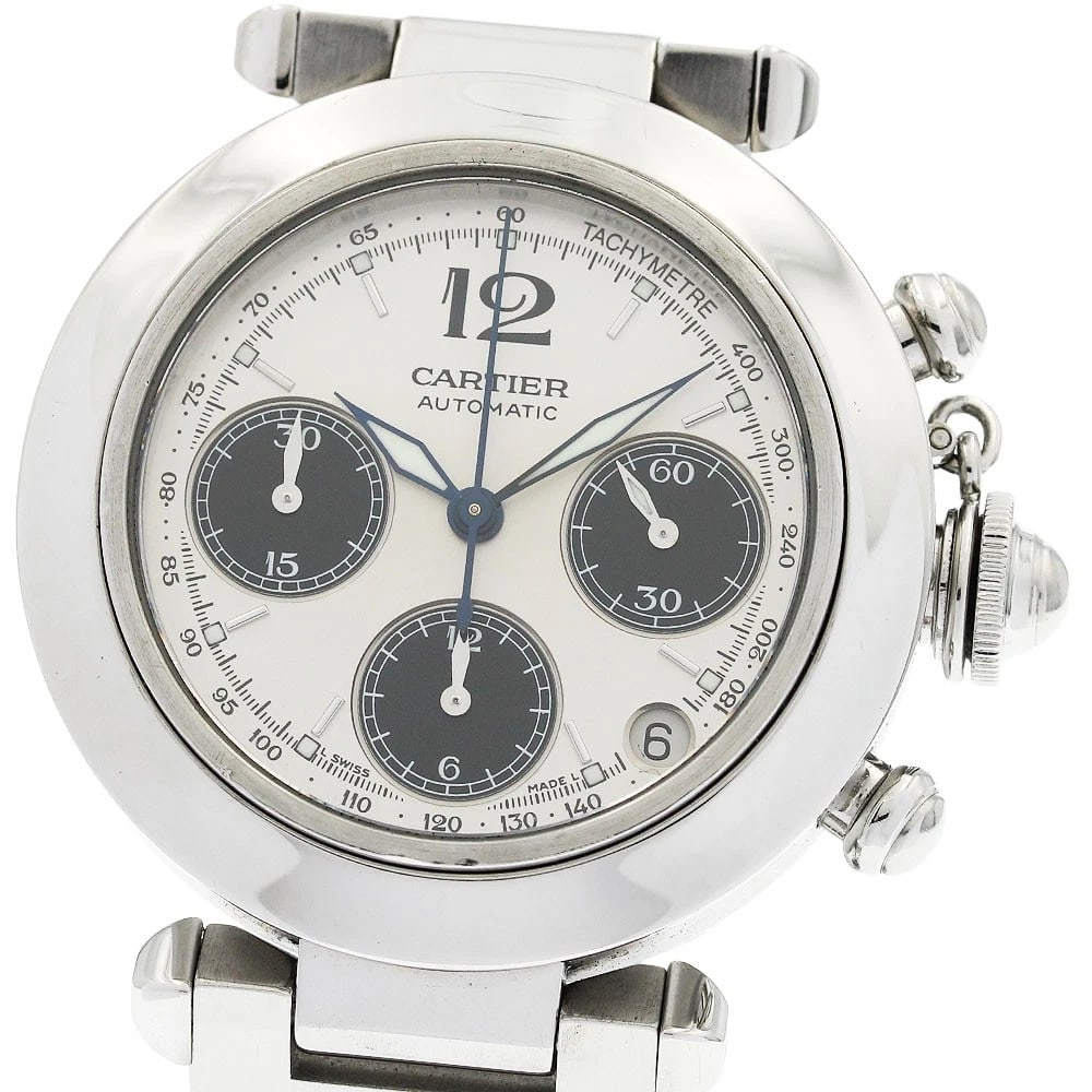 CARTIER PASHA CHRONOGRAPH SILVER / BLACK DIAL AUTOMATIC WATCH: CARTIER Pasha Chronograph Silver / Black Dial Automatic Watch Brand: CARTIER Type/Style: Wristwatch Material: Band Material Stainless Steel, Case Material Stainless Steel Color: Band Color Silver, Cas