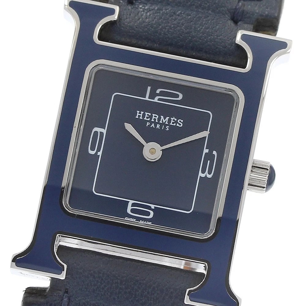 HERMES H WATCH NAVY DIAL QUARTZ WATCH: HERMES H watch Navy Dial Quartz Watch Brand: HERMES Type/Style: Wristwatch Material: Band Material leather, Case Material Stainless Steel Color: Band Color Navy, Case Color Silver / navy, Dial Color N