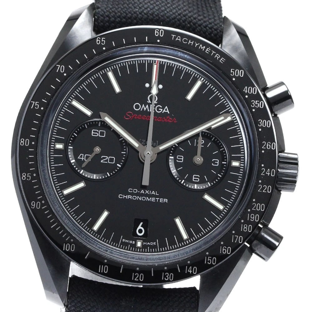 OMEGA SPEEDMASTER DARK SIDE MOON WATCH: OMEGA Speedmaster Dark Side Moon Watch Brand: OMEGA Type/Style: Wristwatch Material: Band Material Nylon, Case Material ceramic Color: Band Color black, Case Color black, Dial Color black Size: Case