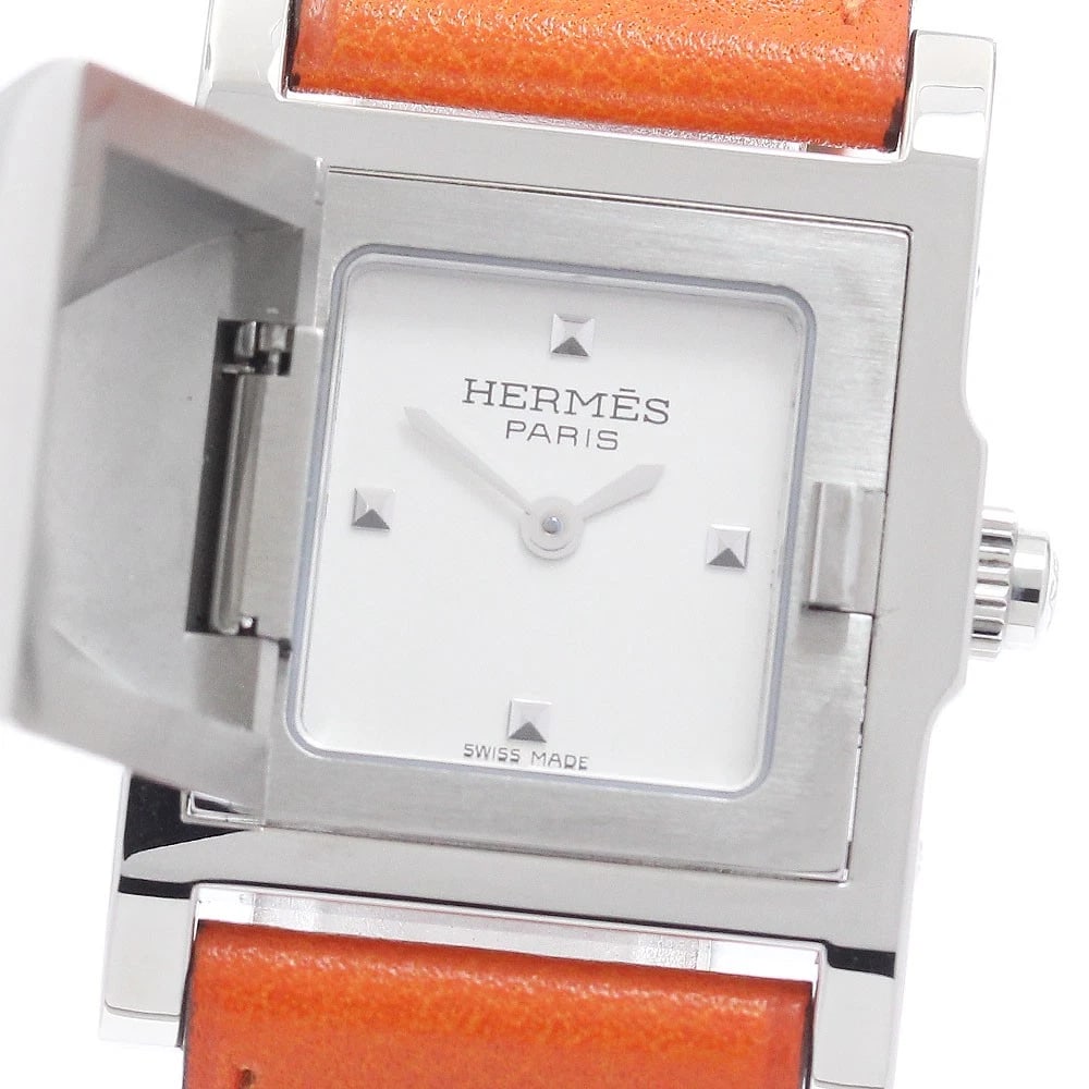 HERMES MEDOR SILVER DIAL QUARTZ WATCH: HERMES Medor Silver Dial Quartz Watch Brand: HERMES Type/Style: Wristwatch Material: Band Material leather, Case Material Stainless Steel Color: Band Color Orange, Case Color Silver, Dial Color