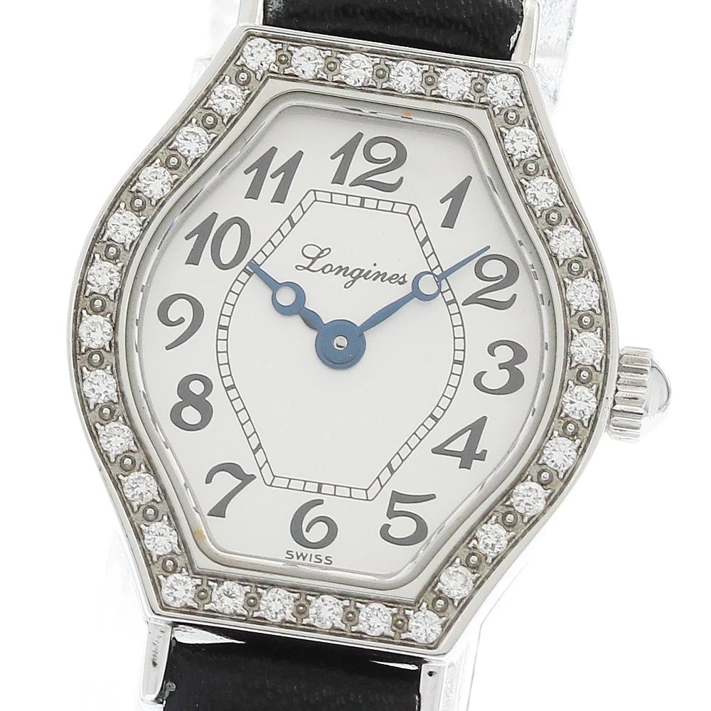 LONGINES LES LAVISONTO DIAMOND BEZEL QUARTZ WATCH: LONGINES Les lavisonto Diamond Bezel Quartz Watch Brand: LONGINES Type/Style: Wristwatch Material: Band Material leather, Case Material Stainless Steel Color: Band Color black, Case Color Silver,