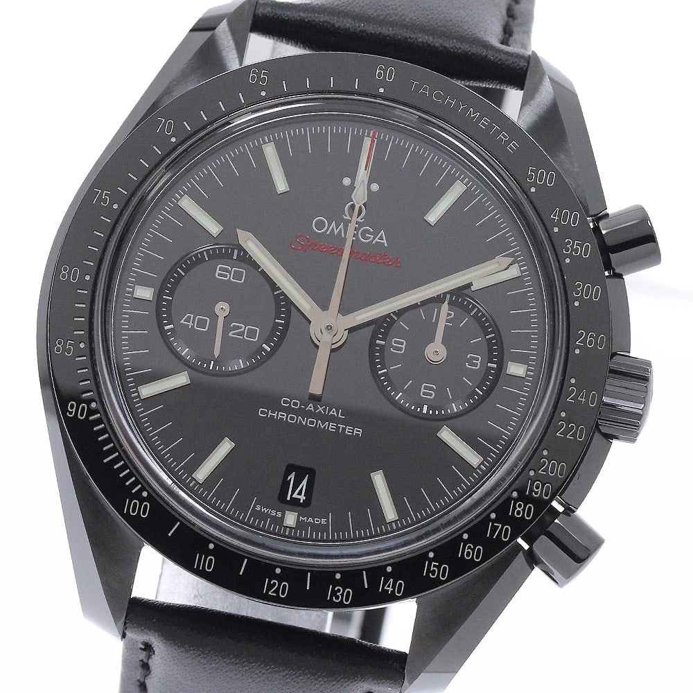 OMEGA SPEEDMASTER DARK SIDE MOON WATCH: OMEGA Speedmaster Dark Side Moon Watch Brand: OMEGA Type/Style: Wristwatch Material: Band Material leather, Case Material ceramic Color: Band Color black, Case Color black, Dial Color black Size: