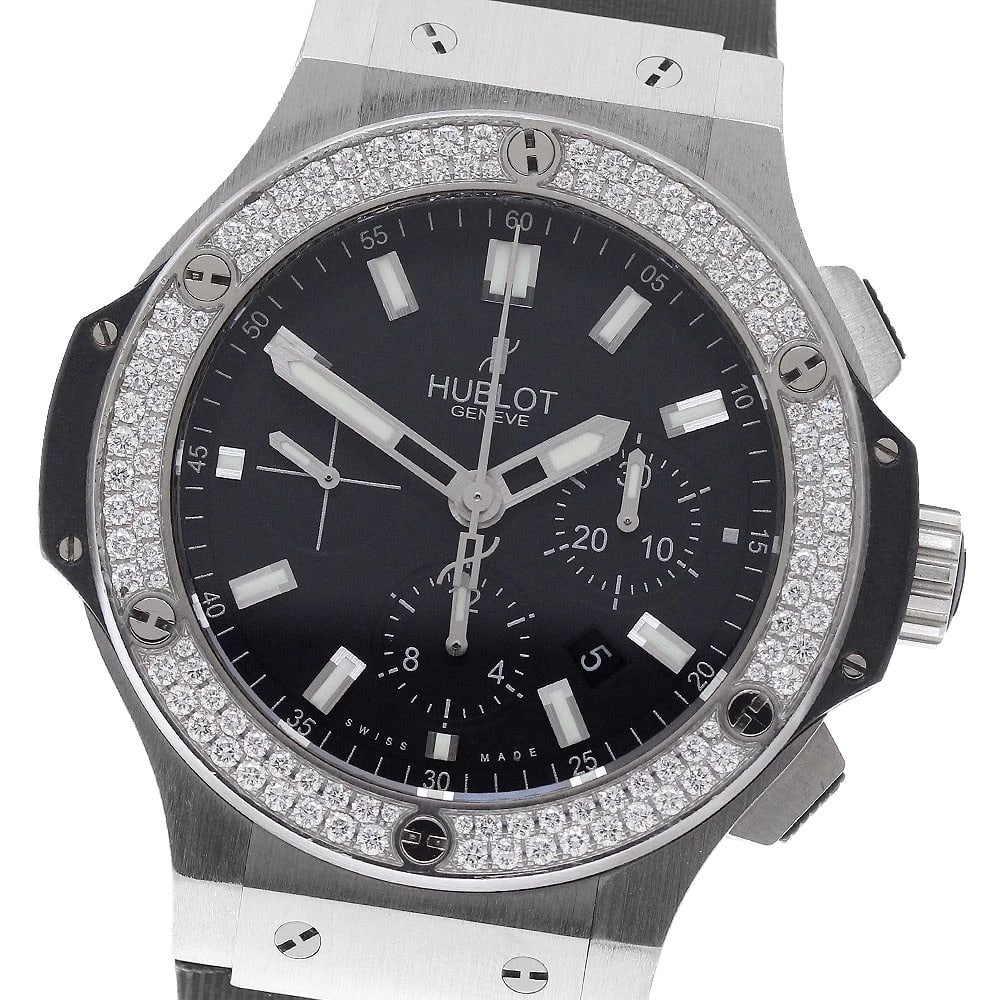 HUBLOT BIG BANG STEEL DIAMOND CHRONOGRAPH WATCH: HUBLOT Big bang steel diamond Chronograph Watch Brand: HUBLOT Type/Style: Wristwatch Material: Band Material rubber, Case Material Stainless Steel Color: Band Color white, Case Color Silver / Black,