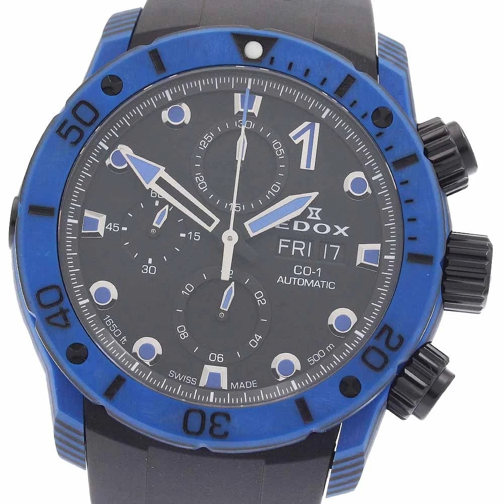 EDOX CHRONO CARBON AUTOMATIC WATCH: EDOX Chrono Carbon Automatic Watch Brand: EDOX Type/Style: Wristwatch Material: Band Material rubber, Case Material carbon Color: Band Color black, Case Color blue-black, Dial Color black Size: Case