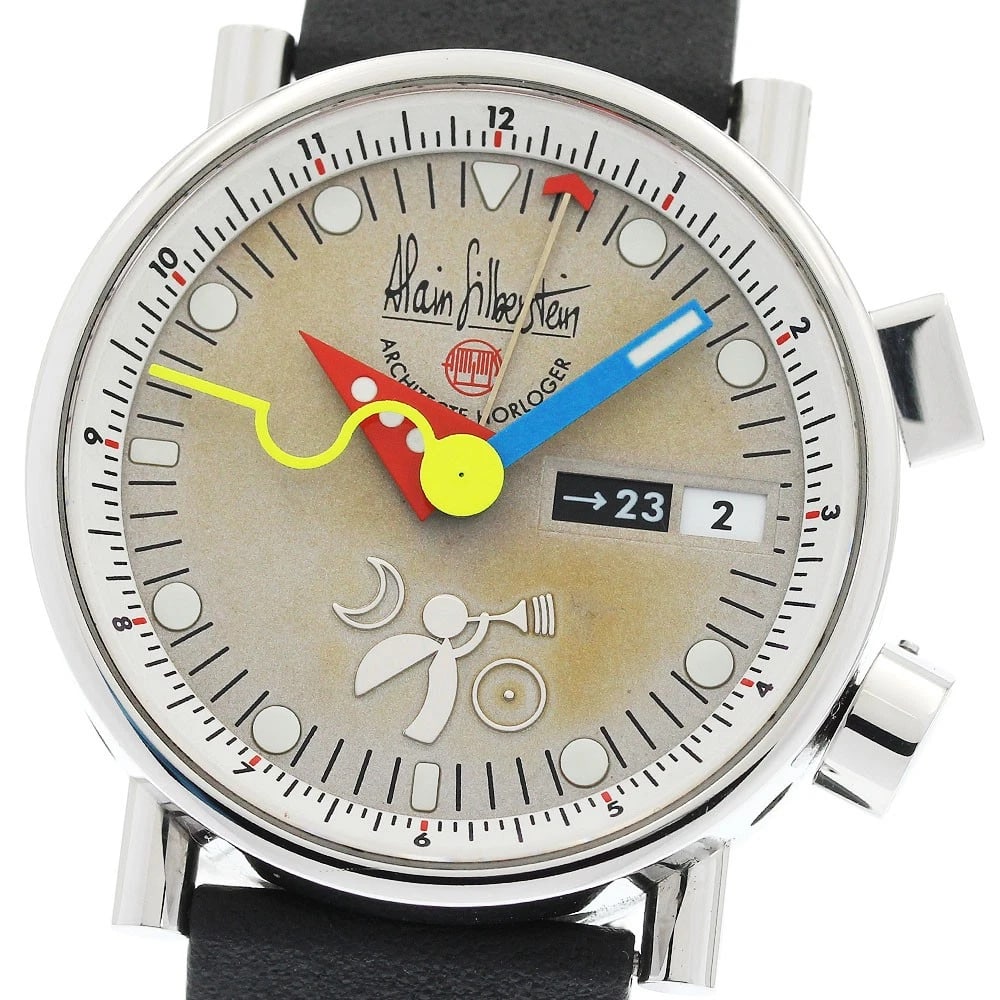ALAIN SILBERSTEIN LE REVEIL GMT DAY DATE SILVER DIAL AUTOMATIC WATCH: Alain Silberstein Le Reveil GMT Day Date Silver Dial Automatic Watch Brand: Alain Silberstein Type/Style: Wristwatch Material: Band Material rubber, Case Material Stainless Steel Color: Band Color