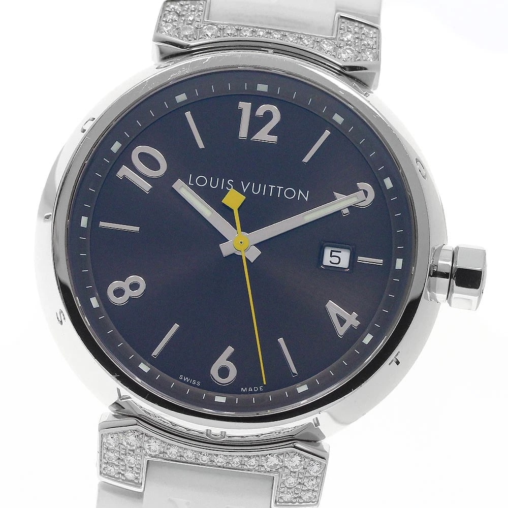 LOUIS VUITTON TAMBOUR RUG DIAMOND BROWN DIAL QUARTZ WATCH: LOUIS VUITTON Tambour Rug diamond Brown Dial Quartz Watch Brand: LOUIS VUITTON Type/Style: Wristwatch Material: Band Material rubber, Case Material Stainless Steel Color: Band Color white, Case Color 