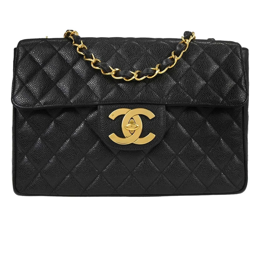 CHANEL BLACK CALFSKIN JUMBO CLASSIC FLAP SHOULDER BAG: Chanel Black Calfskin Jumbo Classic Flap Shoulder Bag Brand: CHANEL Type/Style: Shoulder Bag Material: Caviar Skin Leather Color: Black Size: W 11.8 x H 8.3 x D 3.1inch Accessories: None A