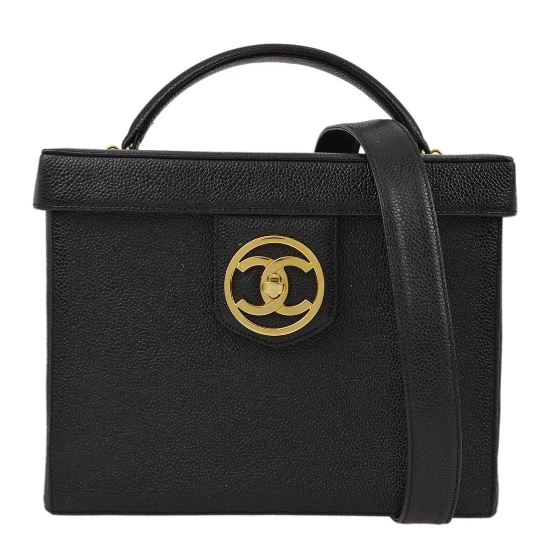CHANEL BLACK CALFSKIN VANITY 2WAY HANDBAG: Chanel Black Calfskin Vanity 2way Handbag Brand: CHANEL Type/Style: Satchel/Top Handle Bag Material: Caviar skin leather Color: Black Size: W 9.1 x H 7.3 x D 5.5inch Accessories: None Acce