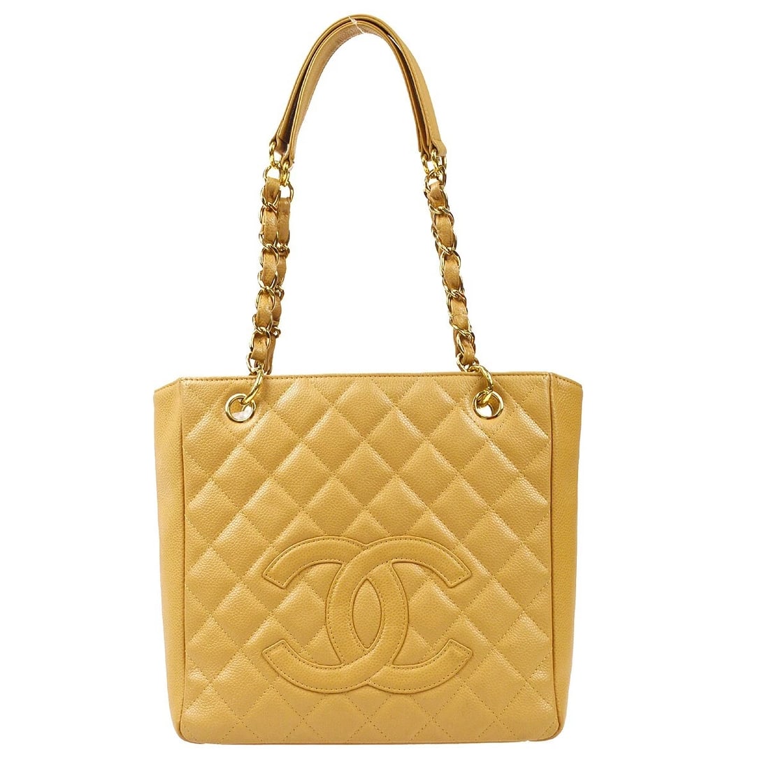 CHANEL BEIGE CALFSKIN PETITE SHOPPING TOTE CHAIN HANDBAG: Chanel Beige Calfskin Petite Shopping Tote Chain Handbag Brand: CHANEL Type/Style: Tote Material: Caviar Skin Leather Color: Beige Size: W 9.4 x H 9.4 x D 3.3inch Accessories: None Accesso