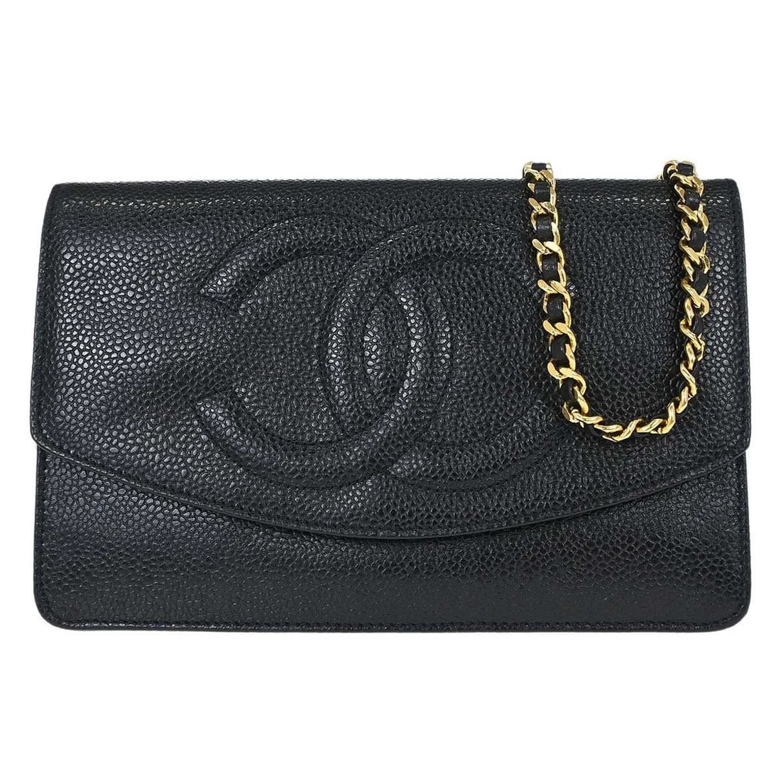 CHANEL BLACK CALFSKIN TIMELESS WALLET ON CHAIN SHOULDER BAG: Chanel Black Calfskin Timeless Wallet on Chain Shoulder Bag Brand: CHANEL Type/Style: Wallet Material: Caviar Skin Leather Color: Black Size: W 7.5 x H 5.1 x D 1.2inch Accessories: None Acc