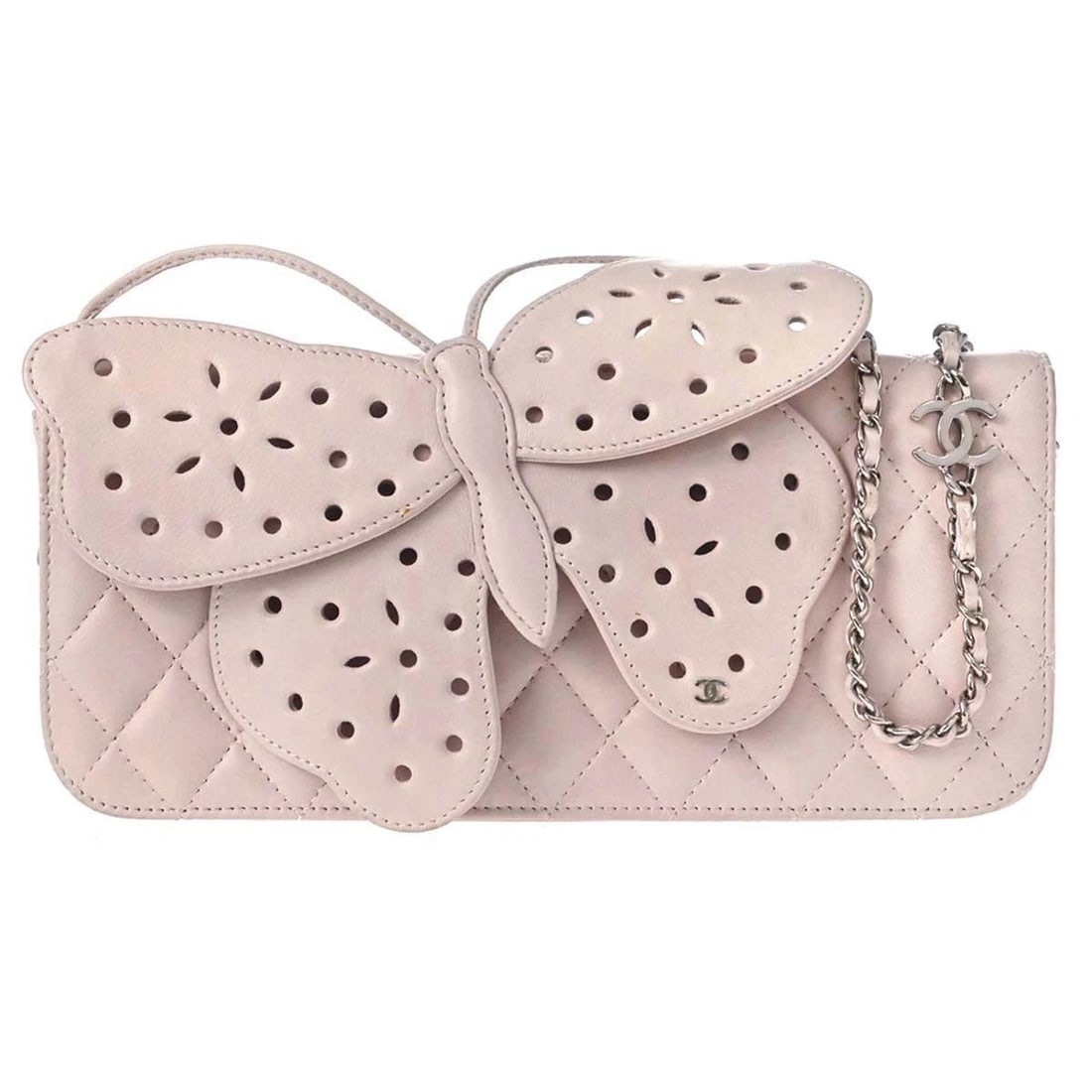 CHANEL LIGHT PINK LAMBSKIN BUTTERFLY SHOULDER BAG: Chanel Light Pink Lambskin Butterfly Shoulder Bag Brand: CHANEL Type/Style: Top Handle Bag Material: Lambskin Color: Light Pink Size: W 8.3 x H 3.9 x D 1.2inch Accessories: None Accessorie