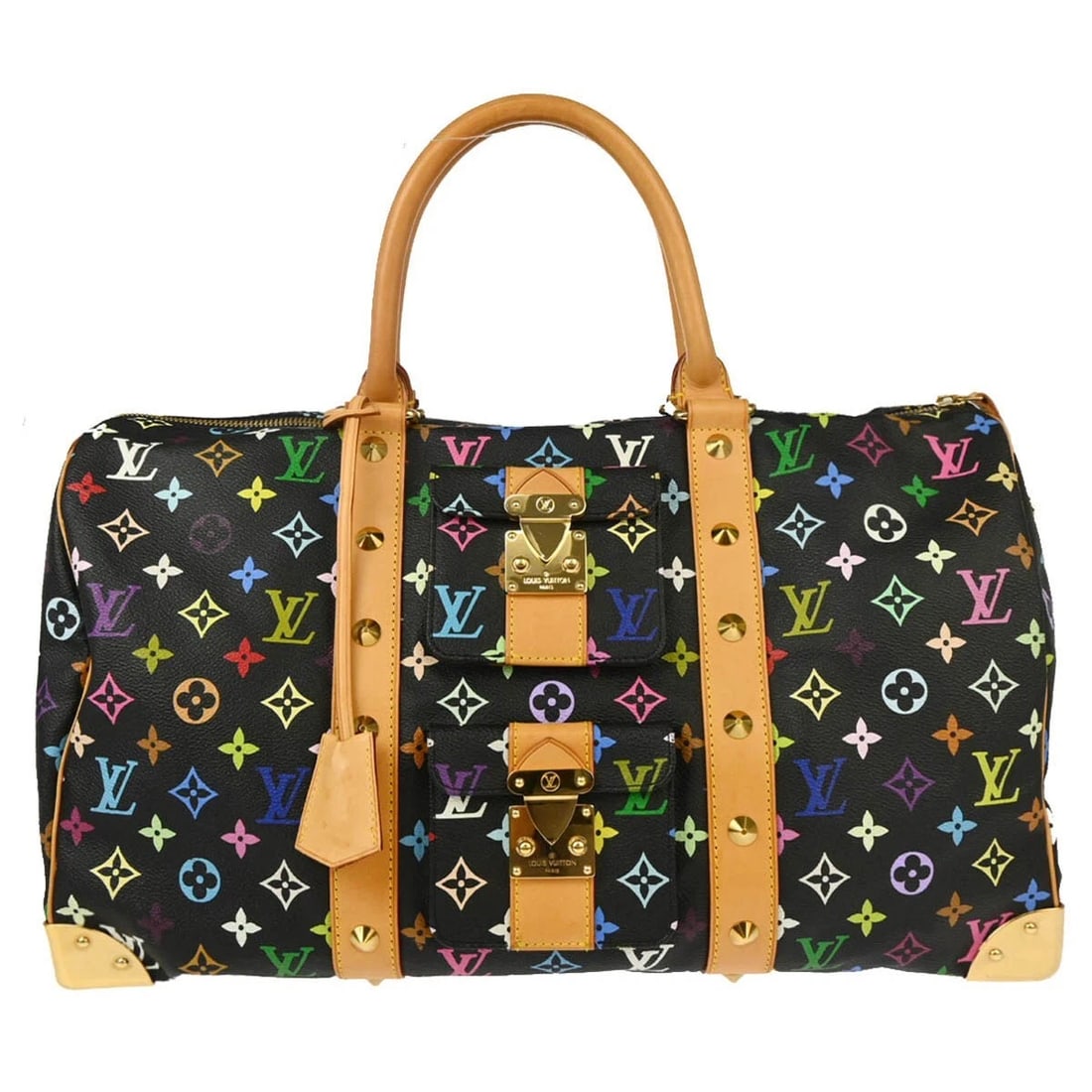 LOUIS VUITTON BLACK MONOGRAM MULTICOLOR SPEEDY 45 HANDBAG: Louis Vuitton Black Monogram Multicolor Speedy 45 Handbag Brand: Louis Vuitton Type/Style: Hand Bag Material: Monogram Multicolor Canvas, Leather Color: NoirxBlack, etc Size: W 18.1 x H 9.8 x D 7.9inc