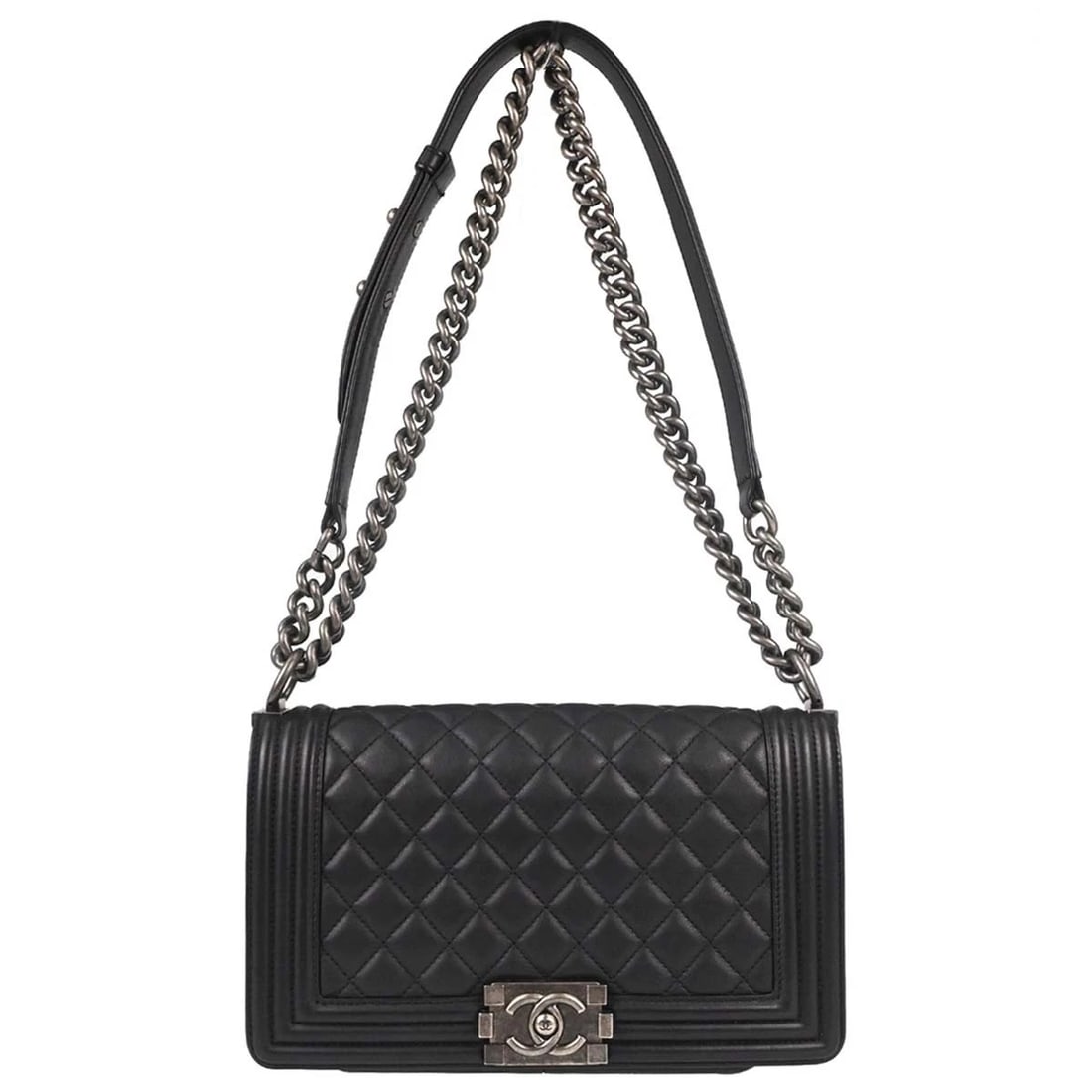 BOY CHANEL BLACK LAMBSKIN MEDIUM CHAIN SHOULDER BAG: Boy Chanel Black Lambskin Medium Chain Shoulder Bag Brand: CHANEL Type/Style: Shoulder Bag Material: Lambskin Color: Black Size: W 9.8 x H 5.9 x D 3.1inch Accessories: None Accessories Not