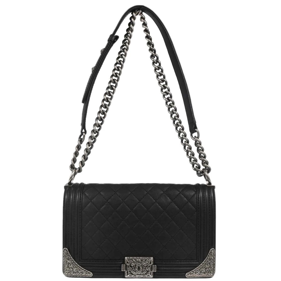 BOY CHANEL BLACK CALFSKIN MEDIUM SHOULDER BAG: Boy Chanel Black Calfskin Medium Shoulder Bag Brand: CHANEL Type/Style: Shoulder Bag Material: Calfskin Color: Black Size: W 9.8 x H 5.9 x D 3.1inch Accessories: None Accessories Notice: When