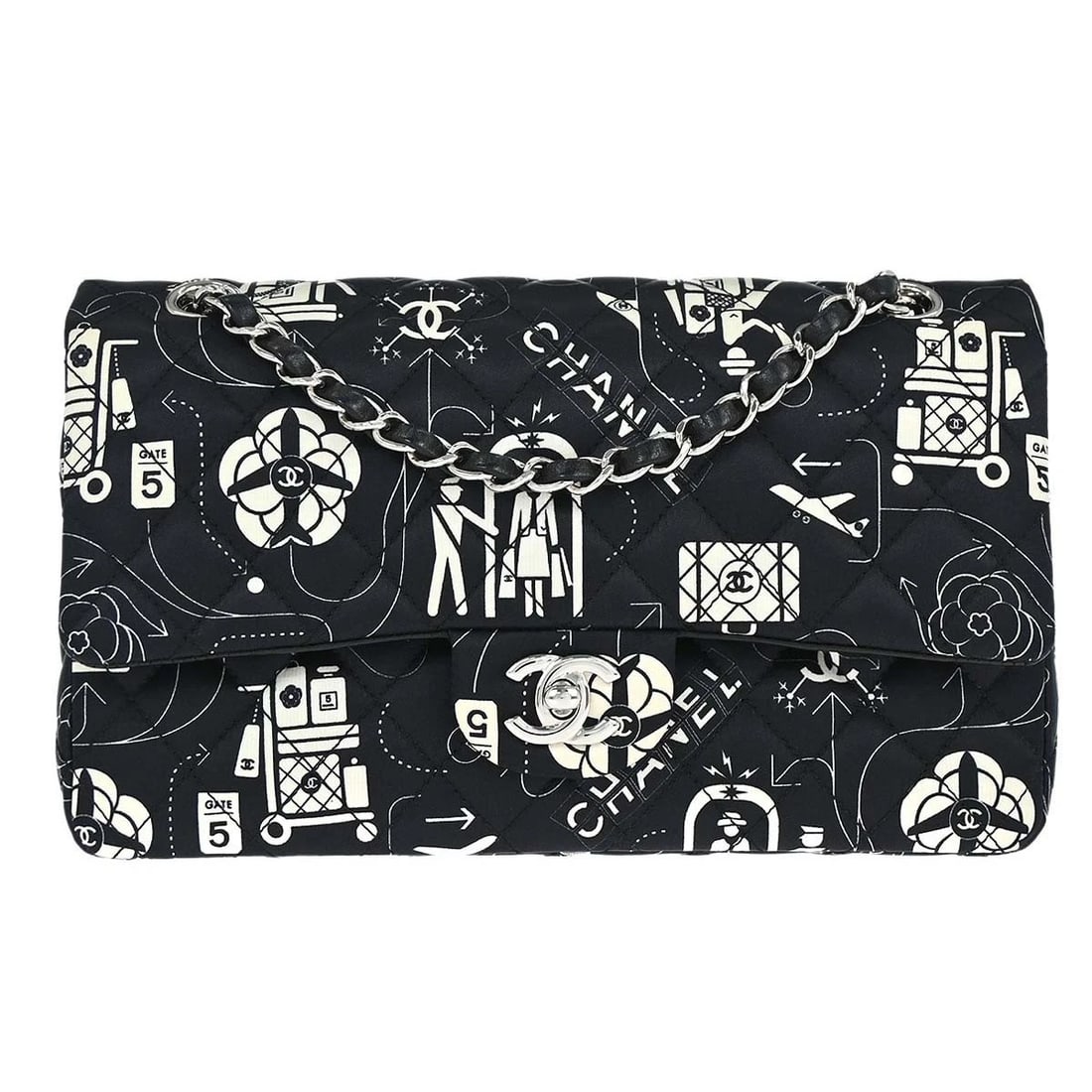 CHANEL BLACK SATIN AIRLINE MEDIUM CLASSIC DOUBLE FLAP SHOULDER BAG: Chanel Black Satin Airline Medium Classic Double Flap Shoulder Bag Brand: CHANEL Type/Style: Shoulder Bag Material: Satin, Lambskin Leather Color: Black, White Size: W 9.8 x H 6.3 x D 2.8inch Acce