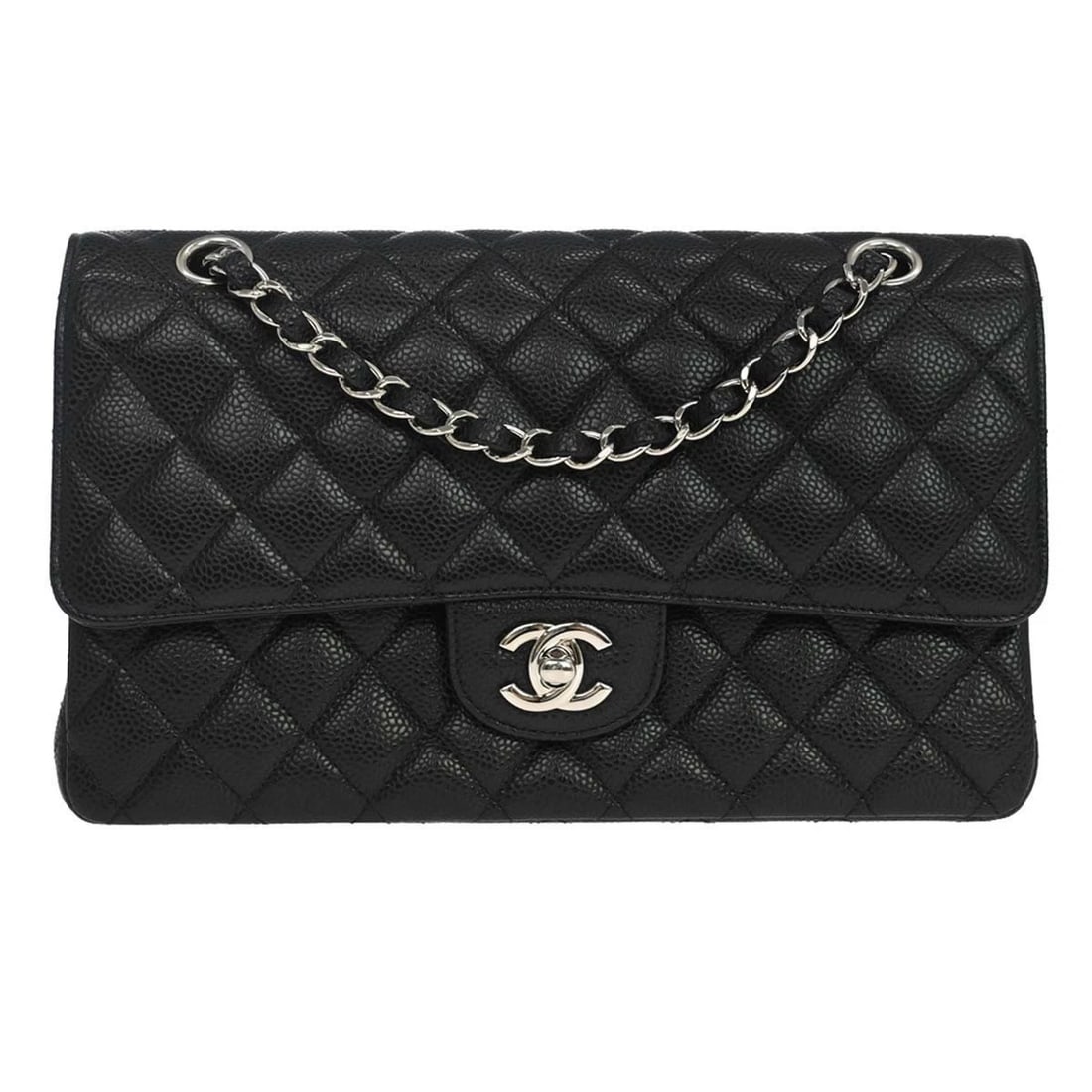 CHANEL BLACK CALFSKIN MEDIUM CLASSIC DOUBLE FLAP SHOULDER BAG: Chanel Black Calfskin Medium Classic Double Flap Shoulder Bag Brand: CHANEL Type/Style: Shoulder Bag Material: Caviar skin leather Color: Black Size: W 9.8 x H 6.3 x D 2.8inch Accessories: None