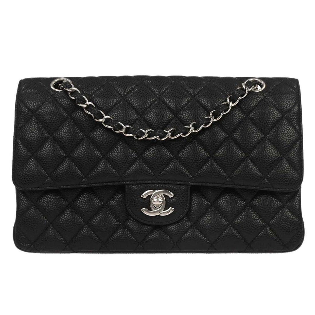CHANEL BLACK CALFSKIN MEDIUM CLASSIC DOUBLE FLAP SHOULDER BAG: Chanel Black Calfskin Medium Classic Double Flap Shoulder Bag Brand: CHANEL Type/Style: Shoulder Bag Material: Caviar skin leather Color: Black Size: W 9.8 x H 6.3 x D 2.8inch Accessories: None