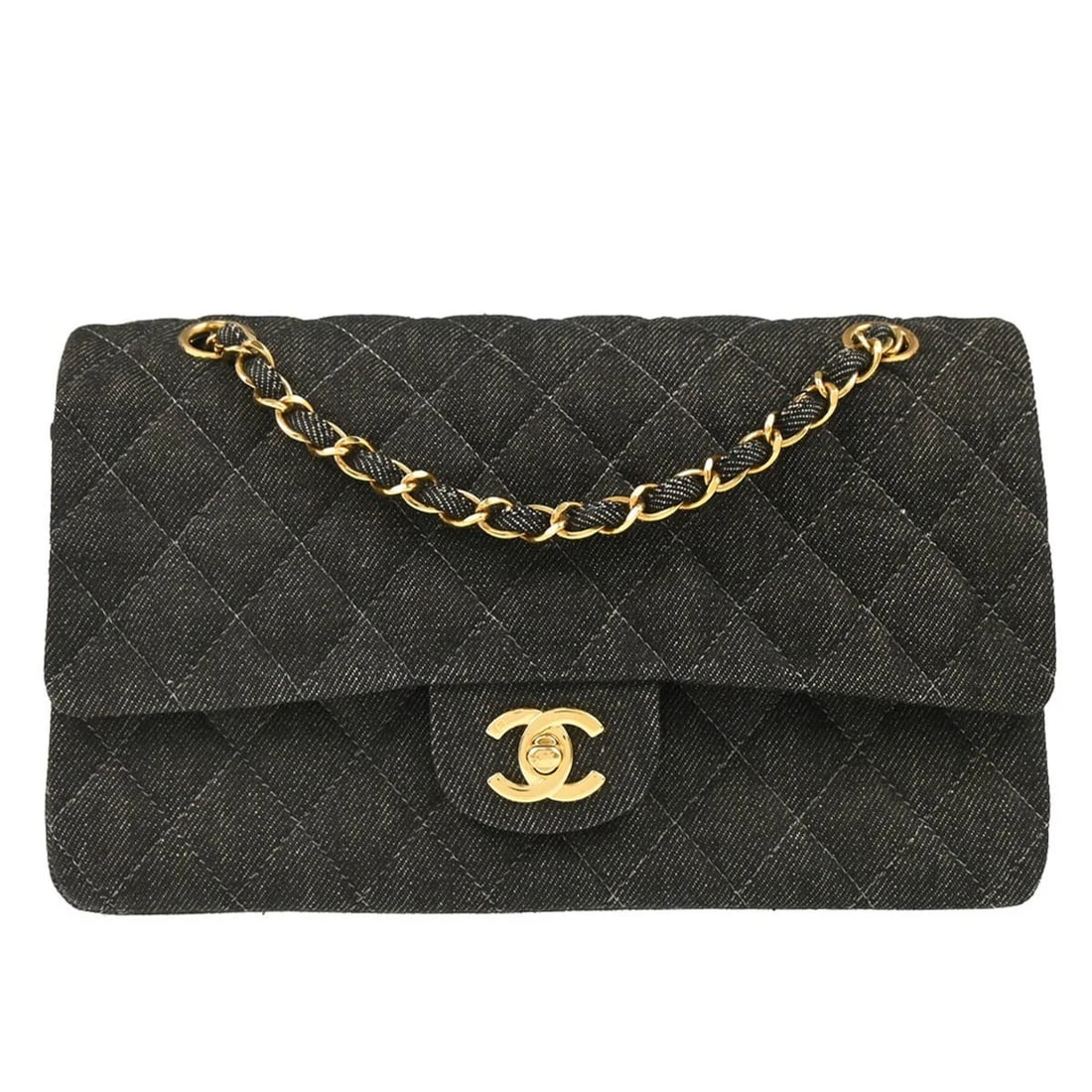 CHANEL BLACK DENIM MEDIUM CLASSIC DOUBLE FLAP SHOULDER BAG: Chanel Black Denim Medium Classic Double Flap Shoulder Bag Brand: CHANEL Type/Style: Shoulder Bag Material: Denim Color: Black Size: W 9.8 x H 6.5 x D 2.4inch Accessories: None Accessories