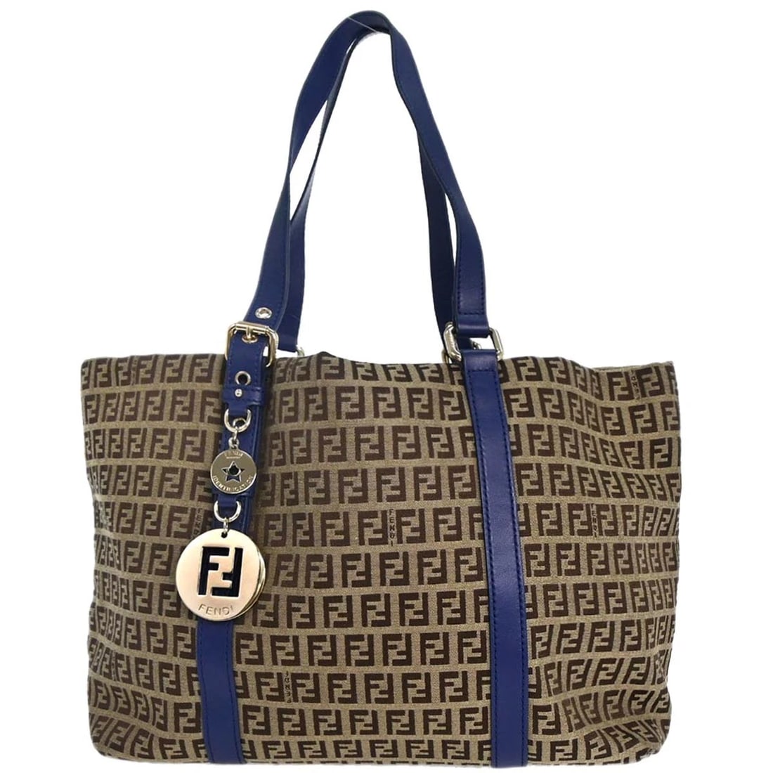 FENDI BEIGE BLUE ZUCCHINO TOTE BAG: Fendi Beige Blue Zucchino Tote Bag Brand: Fendi Type/Style: Tote Material: Canvas, Leather Color: Beige, Brown, Blue Size: W 13.4 x H 9.4 x D 5.5inch Accessories: None Accessories Notice: