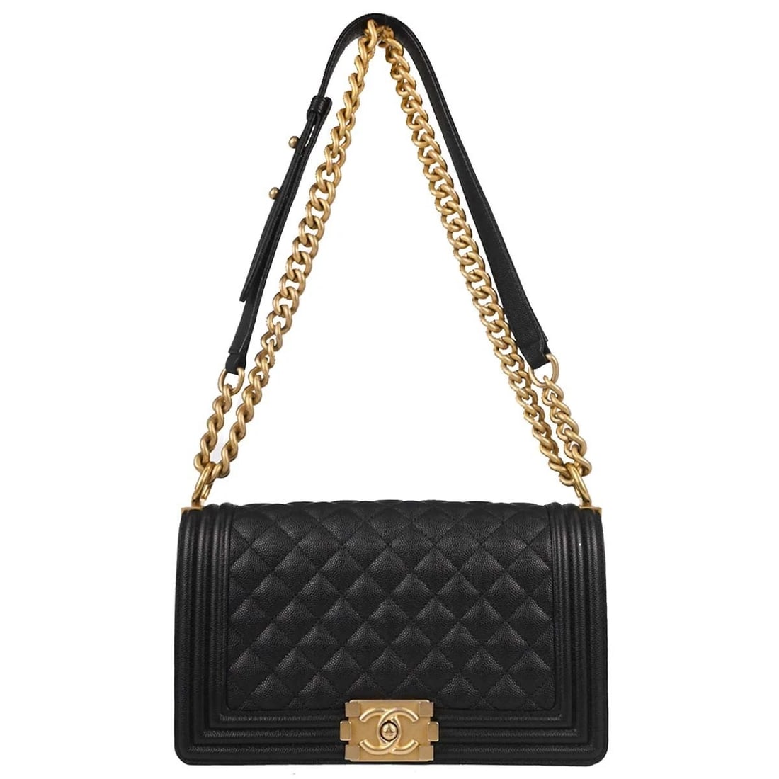 BOY CHANEL BLACK CALFSKIN MEDIUM CHAIN SHOULDER BAG: Boy Chanel Black Calfskin Medium Chain Shoulder Bag Brand: CHANEL Type/Style: Shoulder Bag Material: Caviar skin leather Color: Black Size: W 9.8 x H 5.9 x D 3.1inch Accessories: None Acce