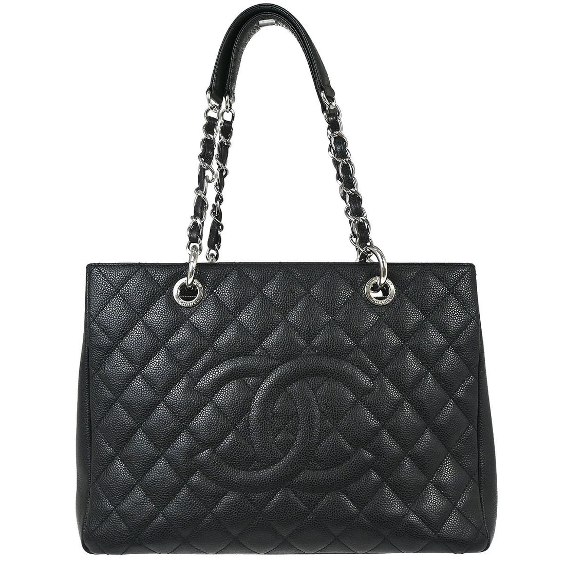 CHANEL BLACK CALFSKIN GRAND SHOPPING TOTE GST CHAIN HANDBAG: Chanel Black Calfskin Grand Shopping Tote GST Chain Handbag Brand: CHANEL Type/Style: Tote Material: Caviar skin leather Color: Black Size: W 13.4 x H 9.8 x D 5.1inch Accessories: None Acc