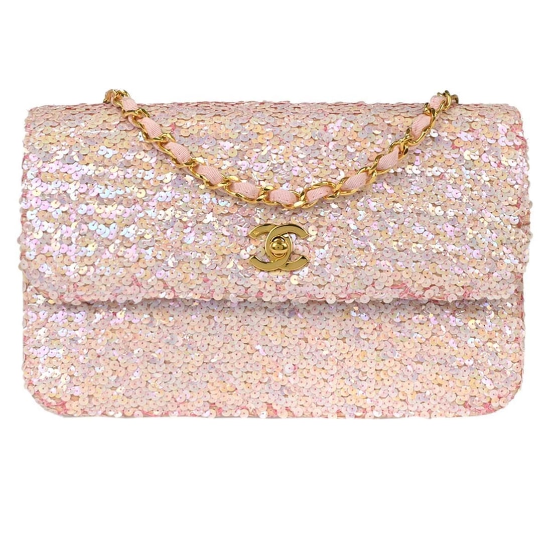 CHANEL PINK SEQUINS SHOULDER BAG: Chanel Pink Sequins Shoulder Bag Brand: CHANEL Type/Style: Shoulder Bag Material: Sequins Color: Pink Size: W 9.8 x H 5.9 x D 2.0inch Accessories: None Accessories Notice: When purchasing