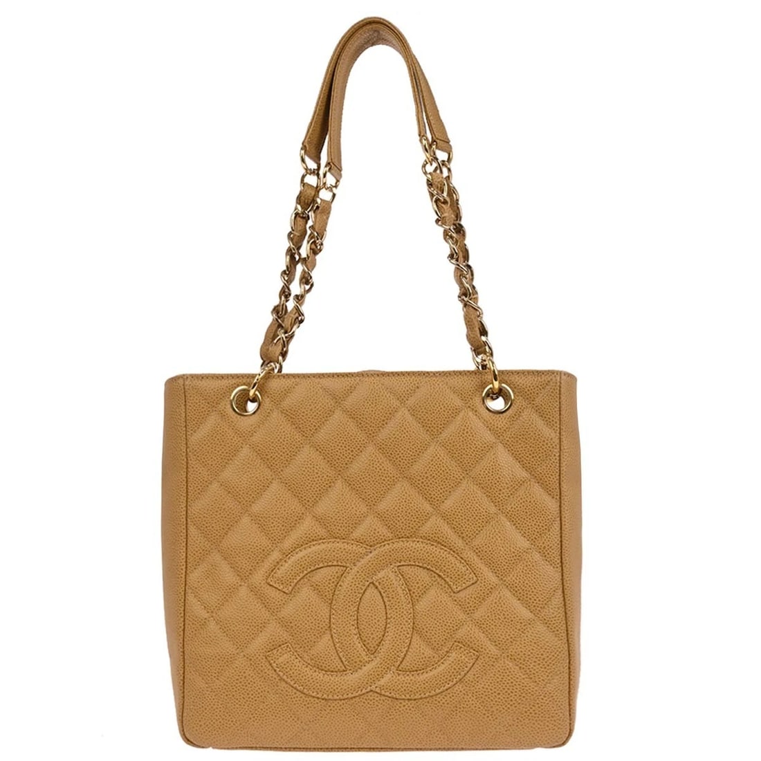 CHANEL BEIGE CALFSKIN PETITE SHOPPING TOTE CHAIN HANDBAG: Chanel Beige Calfskin Petite Shopping Tote Chain Handbag Brand: CHANEL Type/Style: Tote Material: Caviar Skin Leather Color: Beige Size: W 9.4 x H 9.4 x D 3.3inch Accessories: None Accesso