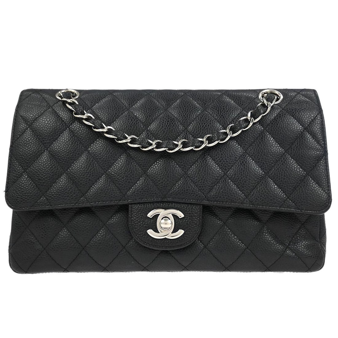 CHANEL BLACK CALFSKIN MEDIUM CLASSIC DOUBLE FLAP SHOULDER BAG: Chanel Black Calfskin Medium Classic Double Flap Shoulder Bag Brand: CHANEL Type/Style: Shoulder Bag Material: Caviar skin leather Color: Black Size: W 9.8 x H 6.3 x D 2.8inch Accessories: None