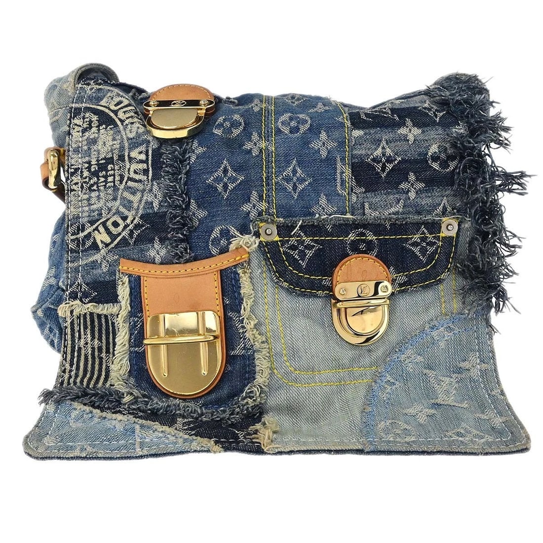 LOUIS VUITTON MONOGRAM DENIM PATCHWORK POSTIE 2WAY HANDBAG: Louis Vuitton Monogram Denim Patchwork Postie 2way Handbag Brand: Louis Vuitton Type/Style: Top Handle Bag Material: Monogram Denim, Leather Color: Navy, Blue, Beige Size: W 9.8 x H 8.3 x D 2.8inch
