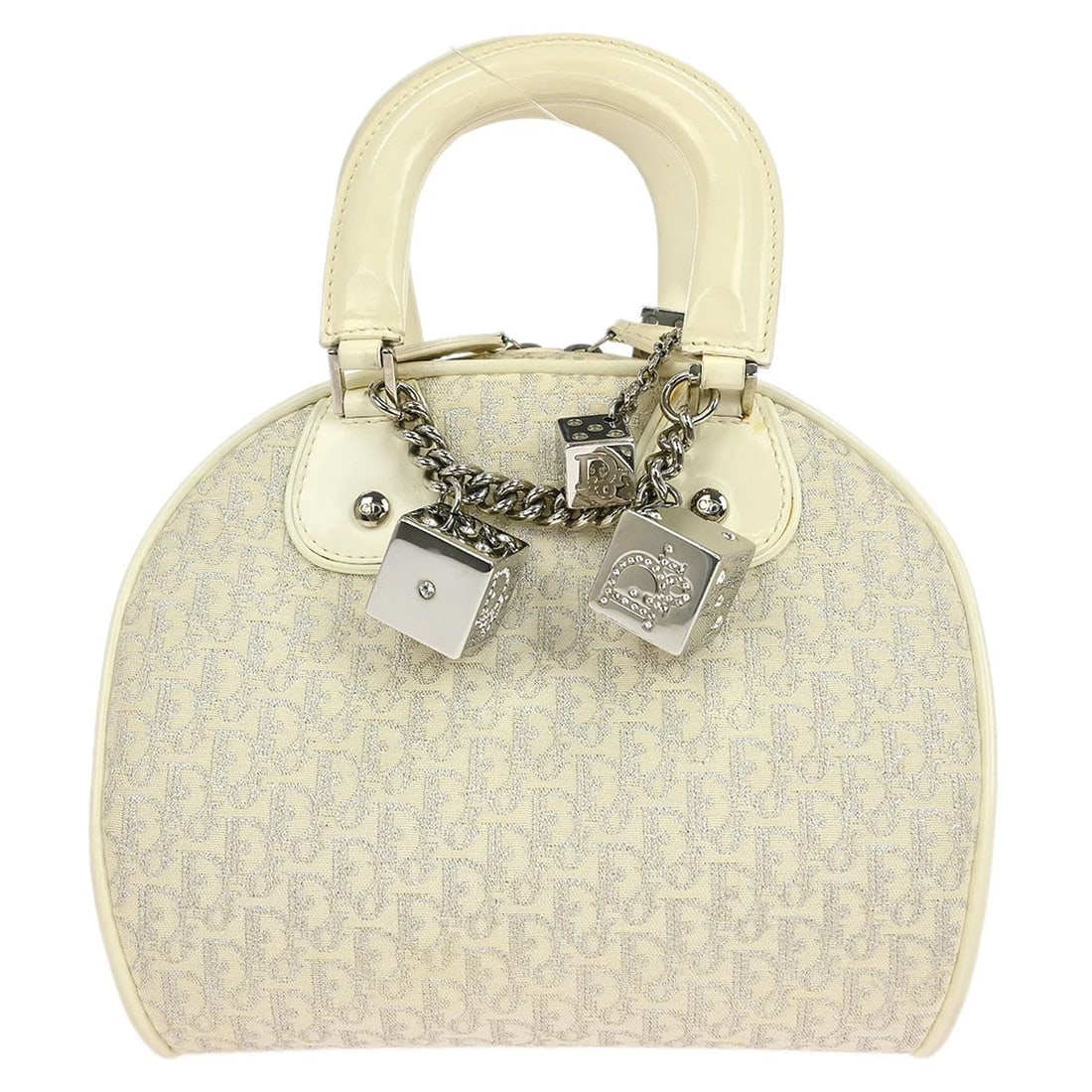CHRISTIAN DIOR WHITE GAMBLER DICE TROTTER HANDBAG: Christian Dior White Gambler Dice Trotter Handbag Brand: Dior Type/Style: Top Handle Bag Material: Canvas, Leather Color: White Size: W 7.5 x H 6.3 x D 6.3inch Accessories: None Accessorie