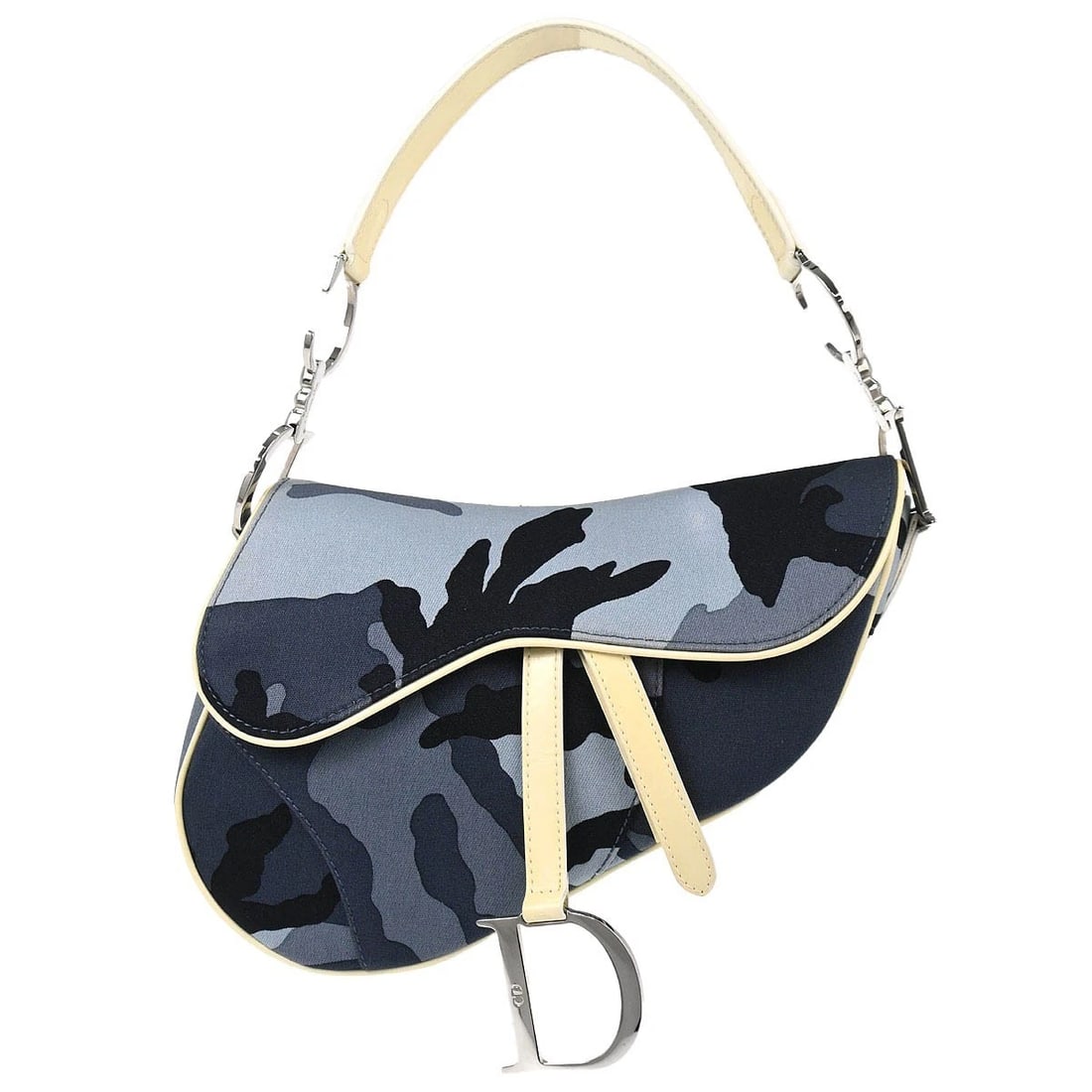 CHRISTIAN DIOR BLUE CANVAS CAMOUFLAGE SADDLE HANDBAG: Christian Dior Blue Canvas Camouflage Saddle Handbag Brand: Dior Type/Style: Saddle Bag Material: Canvas, Leather Color: Blue Size: W 9.4 x H 7.5 x D 3.1inch Accessories: None Accessories