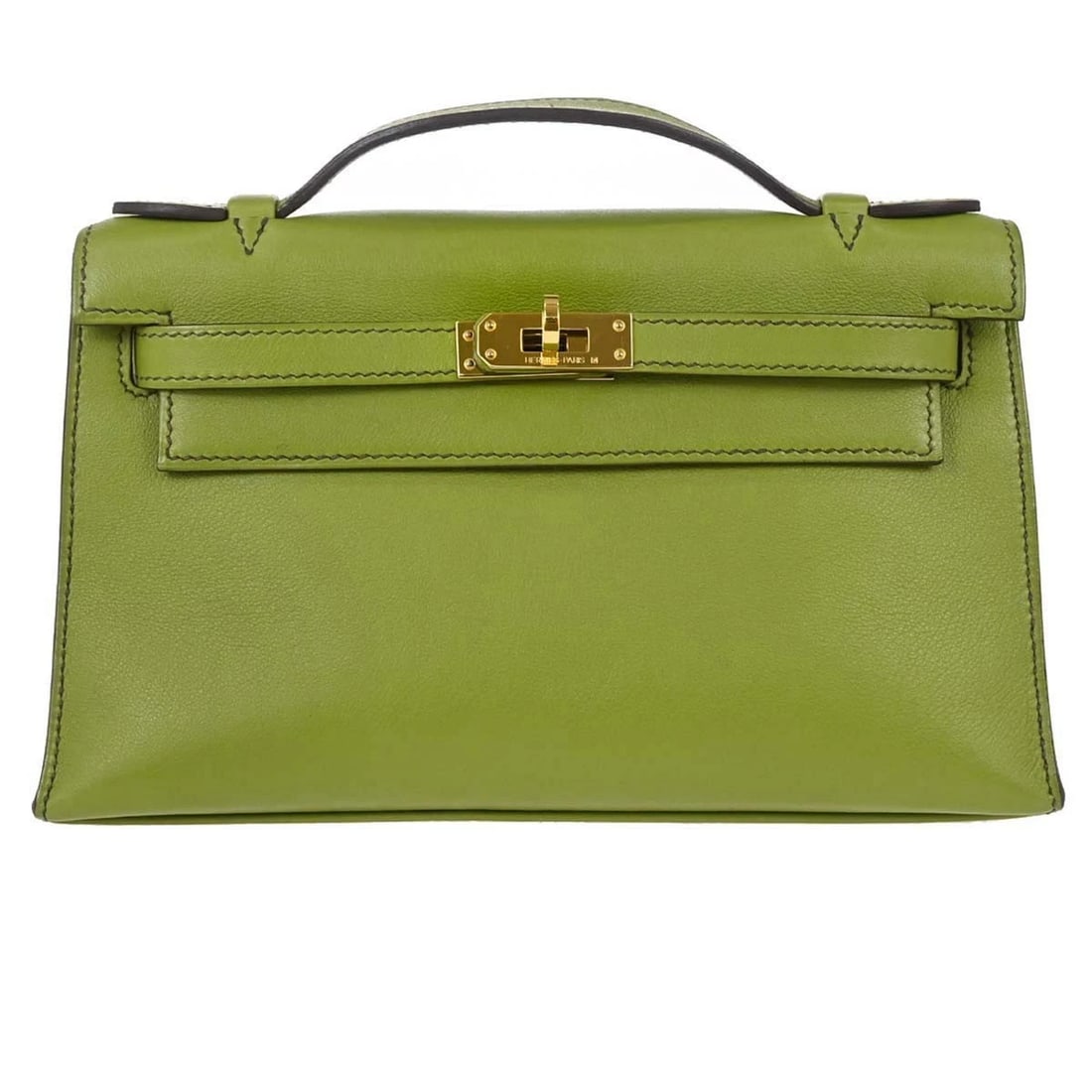 HERMES ANIS GREEN SWIFT KELLY POCHETTE HANDBAG: Hermes Anis Green Swift Kelly Pochette Handbag Brand: HERMES Type/Style: Pouch Material: Swift Leather Color: Anis Green Size: W 8.7 x H 4.7 x D 2.8inch Accessories: None Accessories Notic