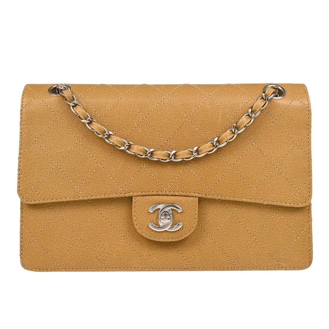 CHANEL BEIGE CALFSKIN SHOULDER BAG: Chanel Beige Calfskin Shoulder Bag Brand: CHANEL Type/Style: Shoulder Bag Material: Caviar skin leather Color: Beige Size: W 9.8 x H 6.3 x D 2.8inch Accessories: None Accessories Notice: When