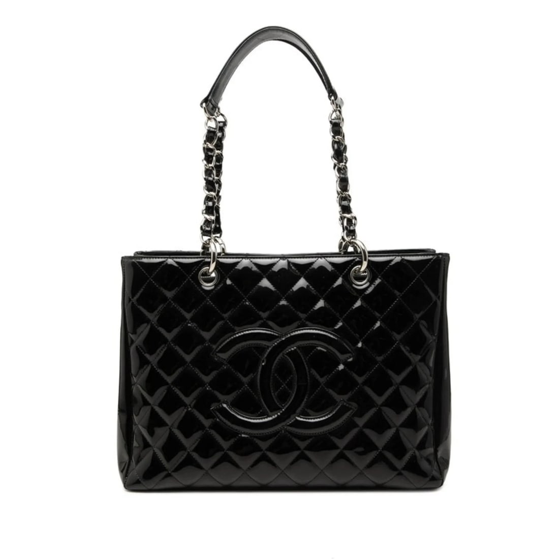 CHANEL MATELASSE COCO MARK CHAIN TOTE BAG HANDBAG: Chanel Matelasse Coco Mark Chain Tote Bag Handbag Brand: Chanel Type/Style: Handbag, Tote bag Material: Patent leather Color: Black Size: (HxWxD) 25cm x 33cm x 13.5cm / 9.84inch x 12.99inch x 5.31inch