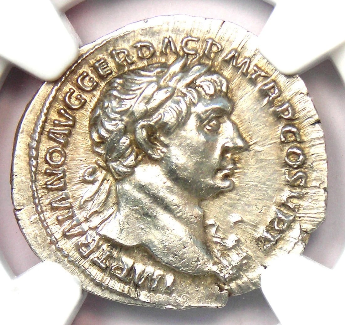 TRAJAN AR DENARIUS SILVER ROMAN COIN: Trajan AR Denarius Silver Roman Coin Year: 117 AD Denomination: Denarius Composition: Silver Country of Origin: Italy Accessories: None Accessories Notice: When purchasing pre-owned goods,