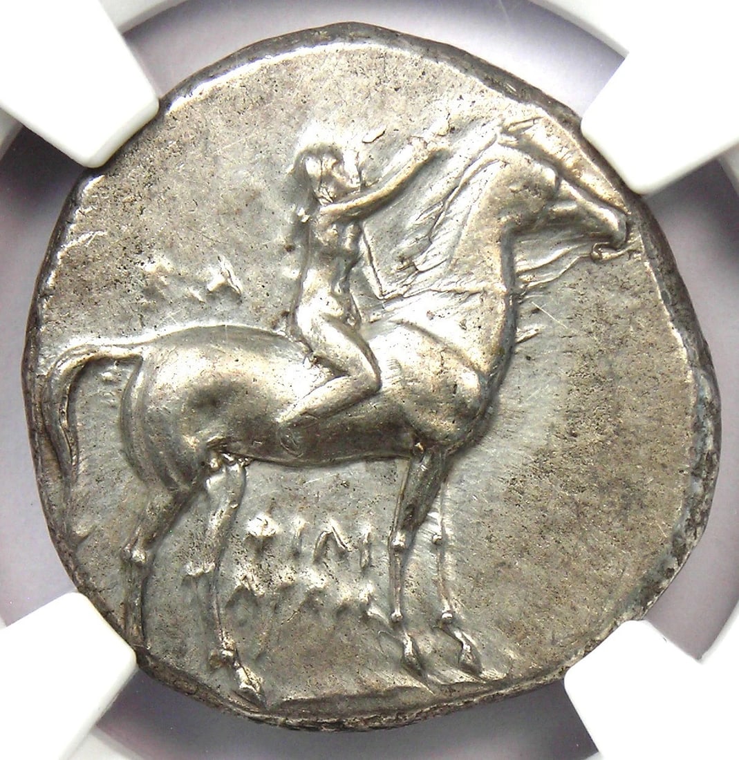 CALABRIA TARAS AR DIDRACHM SILVER COIN: Calabria Taras AR Didrachm Silver Coin Year: 280 BC Denomination: Didrachm Composition: Silver Country of Origin: Italy Accessories: None Accessories Notice: When purchasing pre-owned good