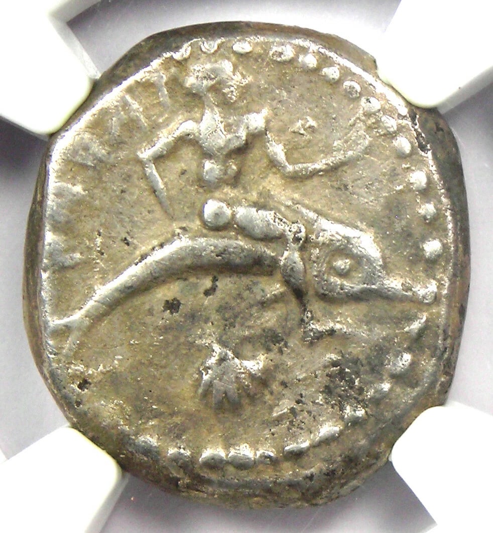 CALABRIA TARAS AR DIDRACHM DOLPHIN COIN: Calabria Taras AR Didrachm Dolphin Coin Year: 480 BC Denomination: Didrachm Composition: Silver Country of Origin: Italy Accessories: None Accessories Notice: When purchasing pre-owned goo