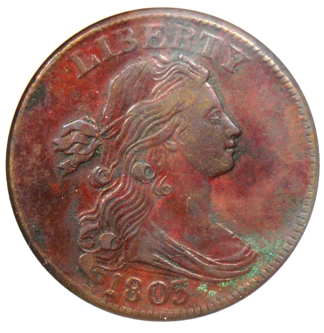1803 DRAPED BUST LARGE CENT 1C COIN: 1803 Draped Bust Large Cent 1C Coin Year: 1803 Denomination: Large Cent Composition: Copper Country of Origin: United States Accessories: None Accessories Notice: When purchasing pre-owned