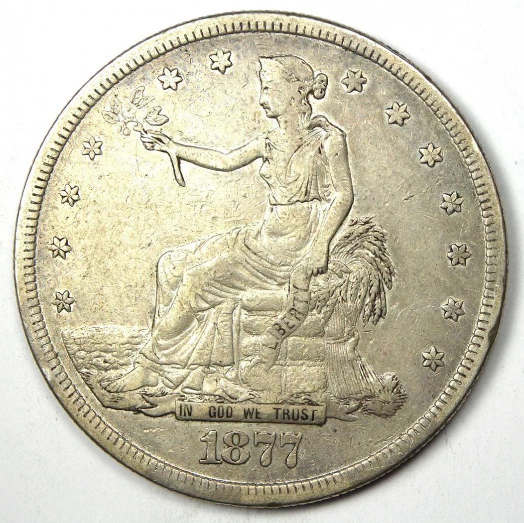 1877-S TRADE SILVER DOLLAR T$1: 1877-S Trade Silver Dollar T$1 Year: 1877 Denomination: $1 Composition: Silver Country of Origin: United States Accessories: None Accessories Notice: When purchasing pre-owned goods, please refer to