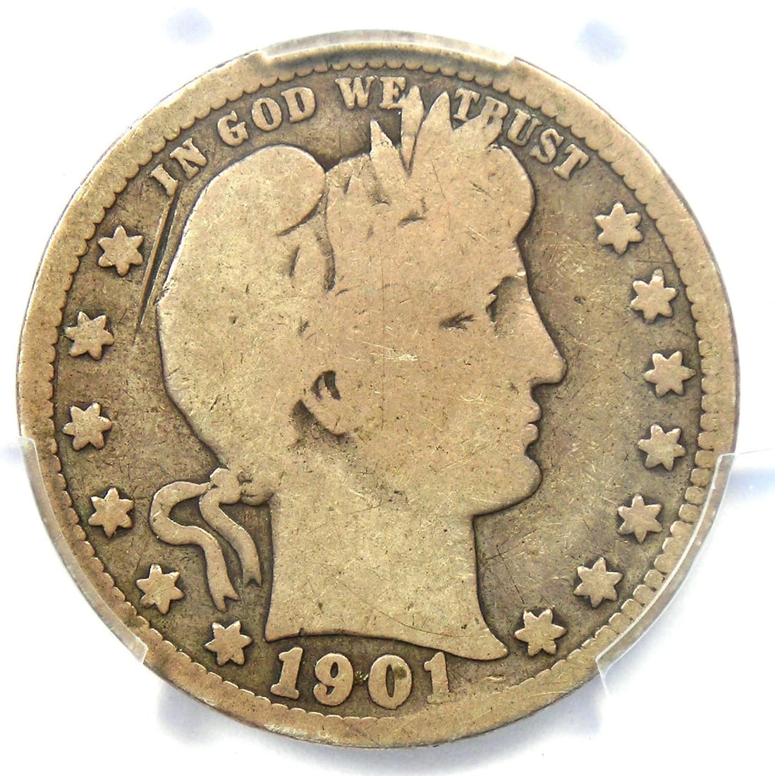 1901-S BARBER QUARTER 25C COIN: 1901-S Barber Quarter 25C Coin Year: 1901 Denomination: 25C Composition: Silver Country of Origin: United States Accessories: None Accessories Notice: When purchasing pre-owned goods, plea