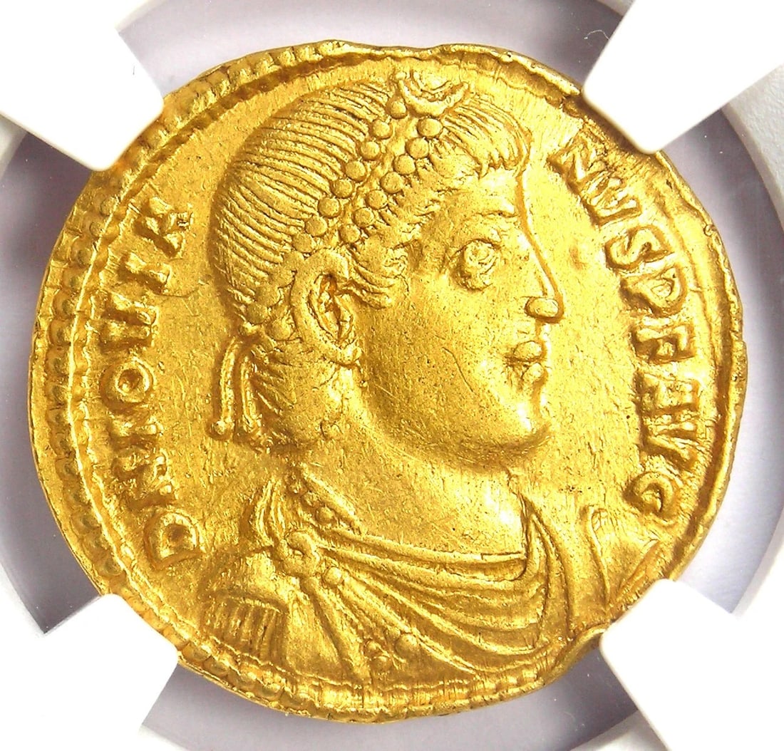 JOVIAN AV SOLIDUS GOLD ROMAN COIN: Jovian AV Solidus Gold Roman Coin Year: 364 AD Denomination: Solidus Composition: Gold Country of Origin: United States Accessories: None Accessories Notice: When purchasing pre-owned good