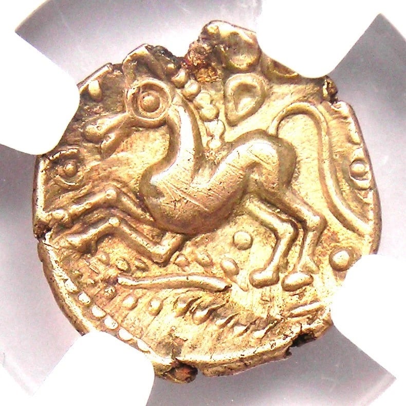 BRITAIN CANTIACI GOLD AV QUARTER STATER HORSE COIN: Britain Cantiaci Gold AV Quarter Stater Horse Coin Year: 20 BC - 10 AD Denomination: Quarter Stater Composition: Gold Country of Origin: United Kingdom Accessories: None Accessories Notice