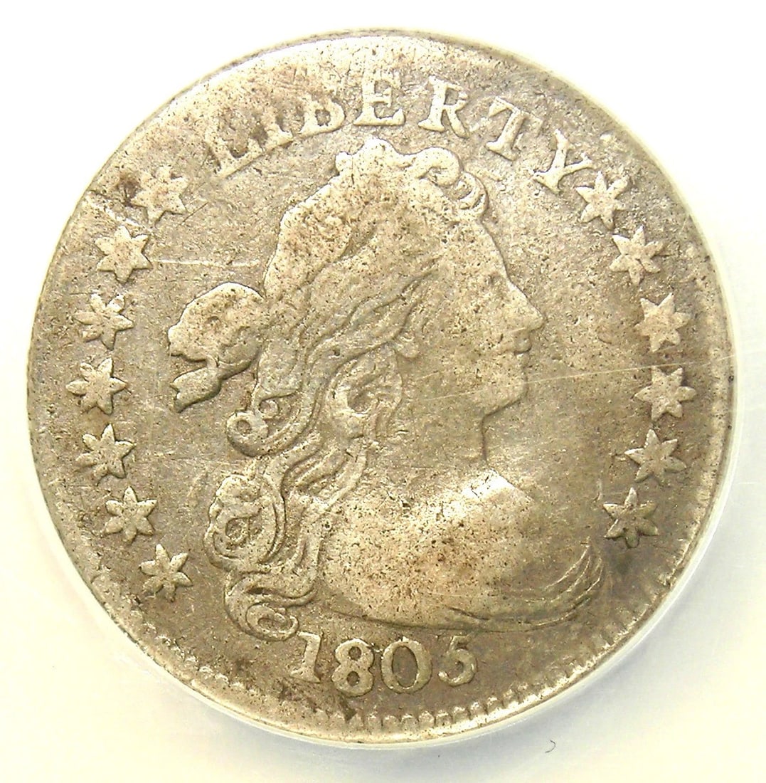 1805 DRAPED BUST DIME 10C SILVER JR-2 COIN: 1805 Draped Bust Dime 10C Silver JR-2 Coin Year: 1805 Denomination: 10C Composition: Silver Country of Origin: United States Accessories: None Accessories Notice: When purchasing pre-owned