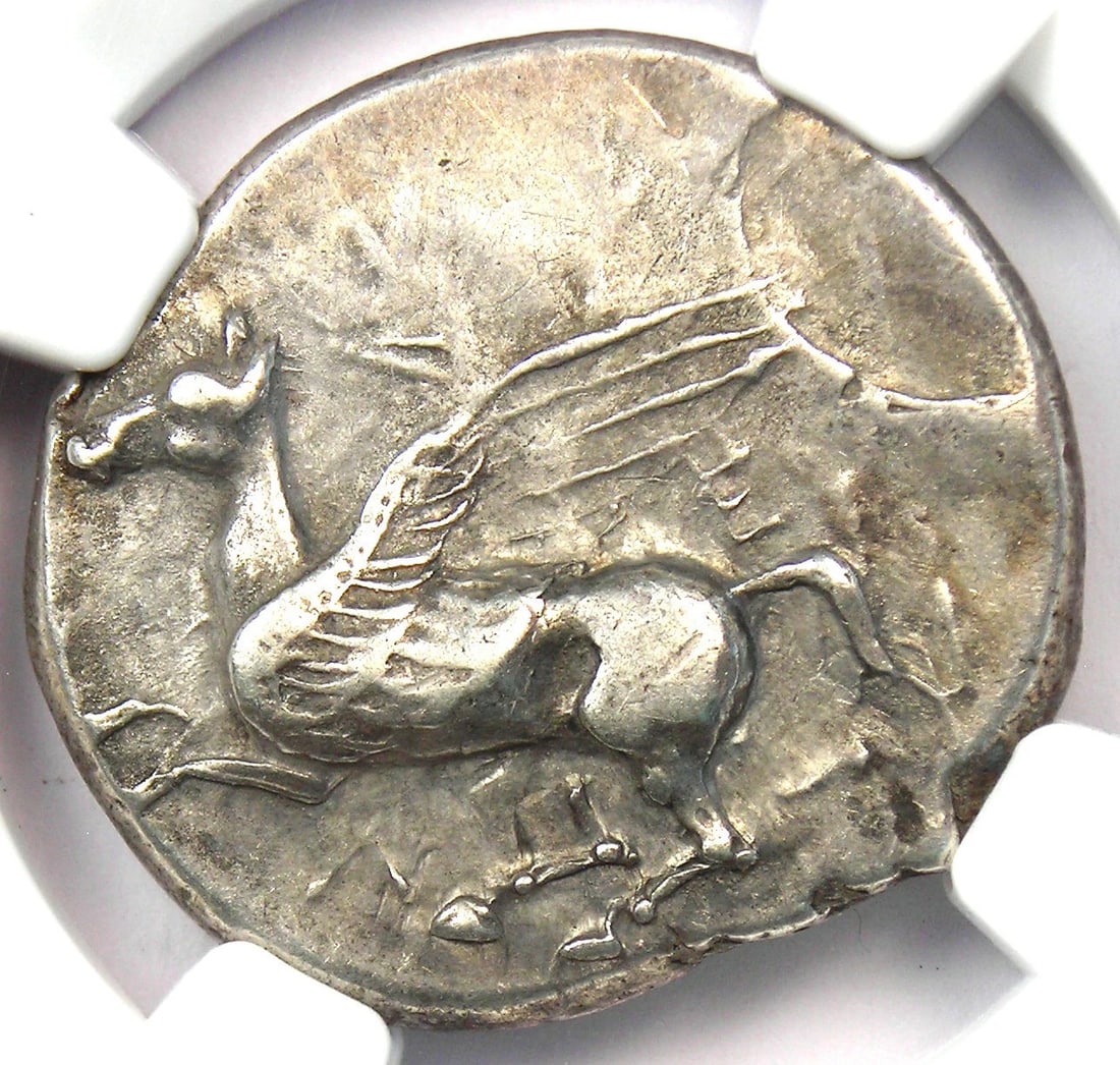 ACARNANIA LEUCAS SILVER AR STATER PEGASUS ATHENA COIN: Acarnania Leucas Silver AR Stater Pegasus Athena Coin Year: 300 BC Denomination: Stater Composition: Silver Country of Origin: Greece Accessories: None Accessories Notice: When purchasing pre-owned