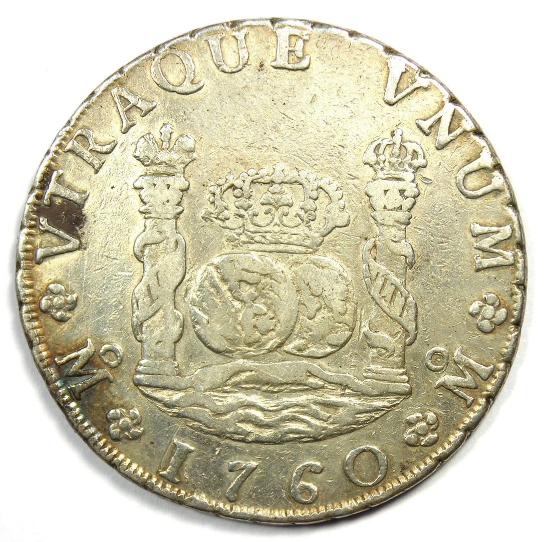1760 MEXICO PILLAR DOLLAR 8 ES SILVER COIN: 1760 Mexico Pillar Dollar 8 es Silver Coin Year: 1760 Denomination: 8 es Composition: Silver Country of Origin: Mexico Accessories: None Accessories Notice: When purchasing pre-owned goods