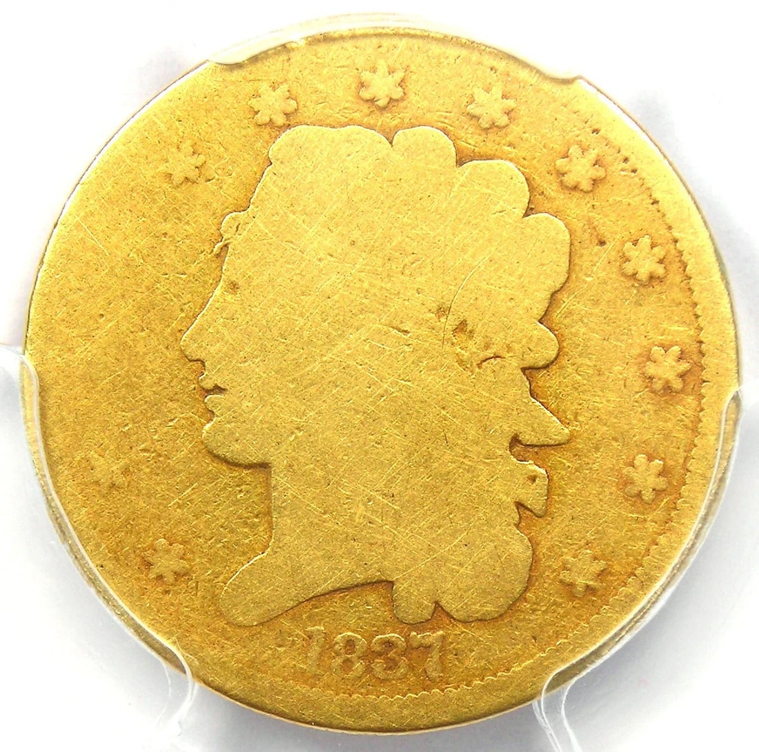 1837 CLASSIC GOLD HALF EAGLE $5 COIN: 1837 Classic Gold Half Eagle $5 Coin Year: 1837 Denomination: $5 Composition: Gold Country of Origin: United States Accessories: None Accessories Notice: When purchasing pre-owned goods, please refer