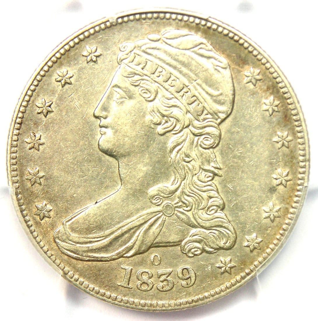 1839-O CAPPED BUST HALF DOLLAR 50C COIN: 1839-O Capped Bust Half Dollar 50C Coin Year: 1839 Denomination: 50C Composition: Silver Country of Origin: United States Accessories: None Accessories Notice: When purchasing pre-owned goods, please