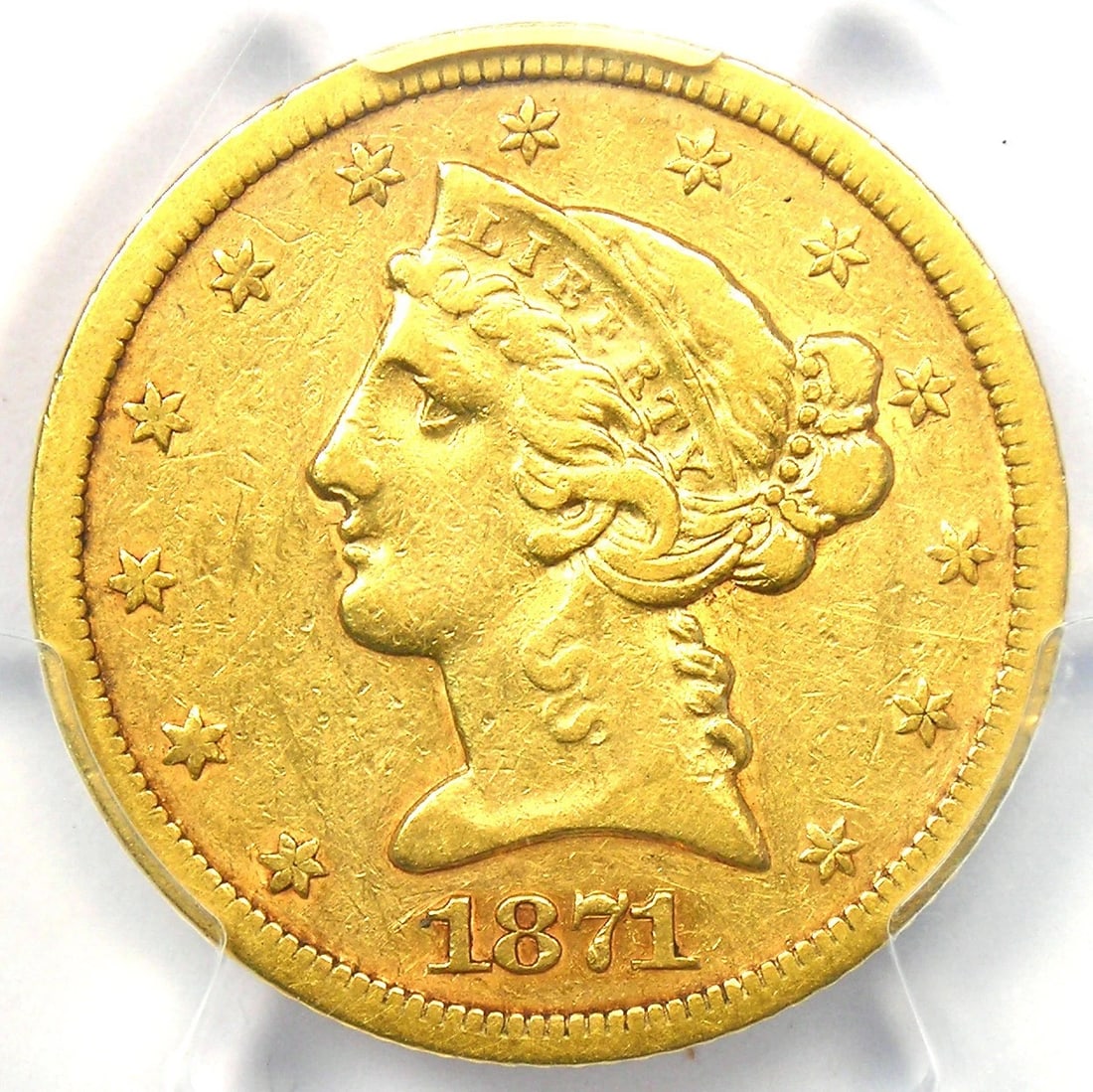 1871-S LIBERTY GOLD HALF EAGLE $5: 1871-S Liberty Gold Half Eagle $5 Year: 1871 Denomination: $5 Composition: Gold Country of Origin: United States Accessories: None Accessories Notice: When purchasing pre-owned goods, please refer to