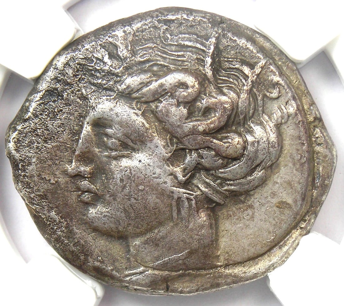 SICILY PUNIC AR TETRADRACHM TANIT HORSE COIN 350 BC: Sicily Punic AR Tetradrachm Tanit Horse Coin 350 BC Year: 350 BC Denomination: Tetradrachm Composition: Silver Country of Origin: Greece Accessories: None Accessories Notice: When purchasi