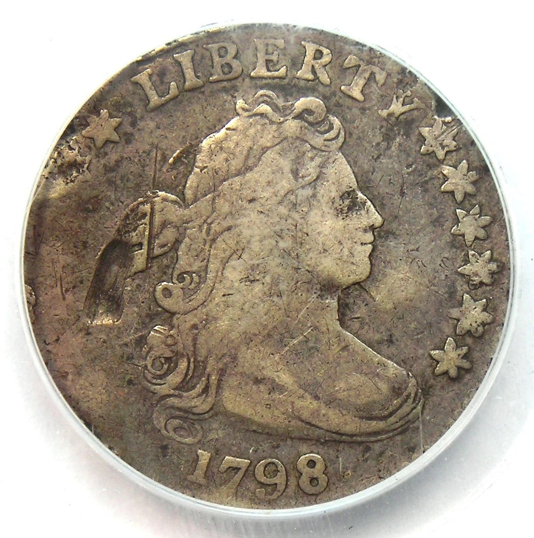 1798 DRAPED BUST DIME 10C SMALL 8 COIN: 1798 Draped Bust Dime 10C Small 8 Coin Year: 1798 Denomination: 10C Composition: Silver Country of Origin: United States Accessories: None Accessories Notice: When purchasing pre-owned goo
